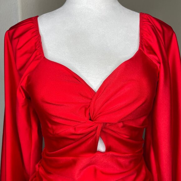 L.A. SEDUCTION Scarlet Red Cut Out Balloon Sleeve Bodycon Dress Sexy Event Sz L - Picture 2 of 10